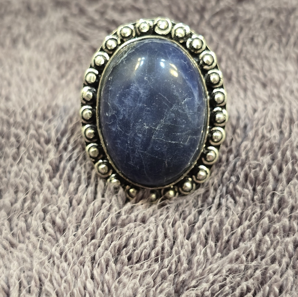 Vintage style, boho, Victorian style silver plated natural stone ring 7